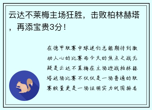云达不莱梅主场狂胜，击败柏林赫塔，再添宝贵3分！